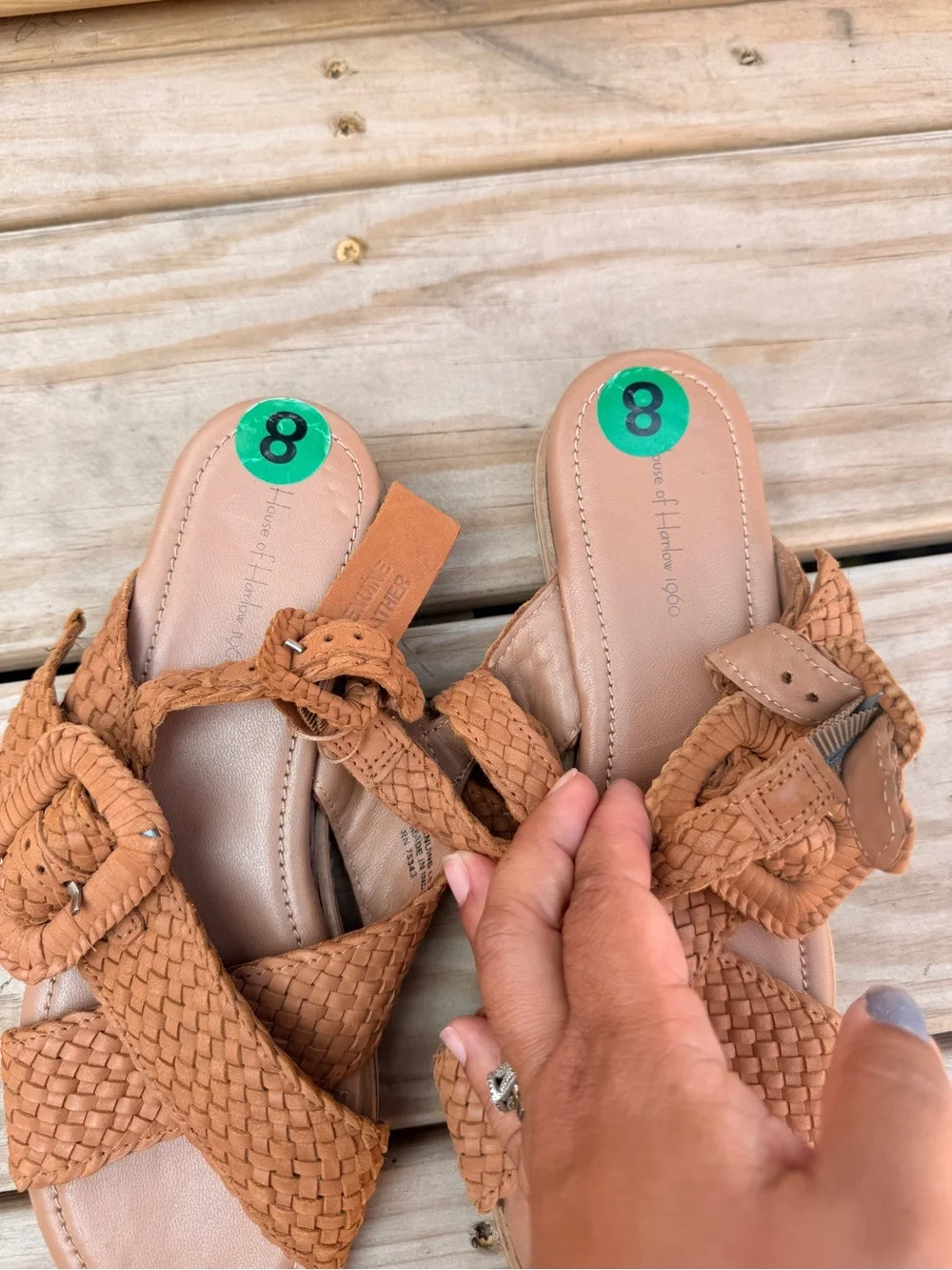 House of Harlow 1960 Woven Tan Leather Cross-Strap Sandals